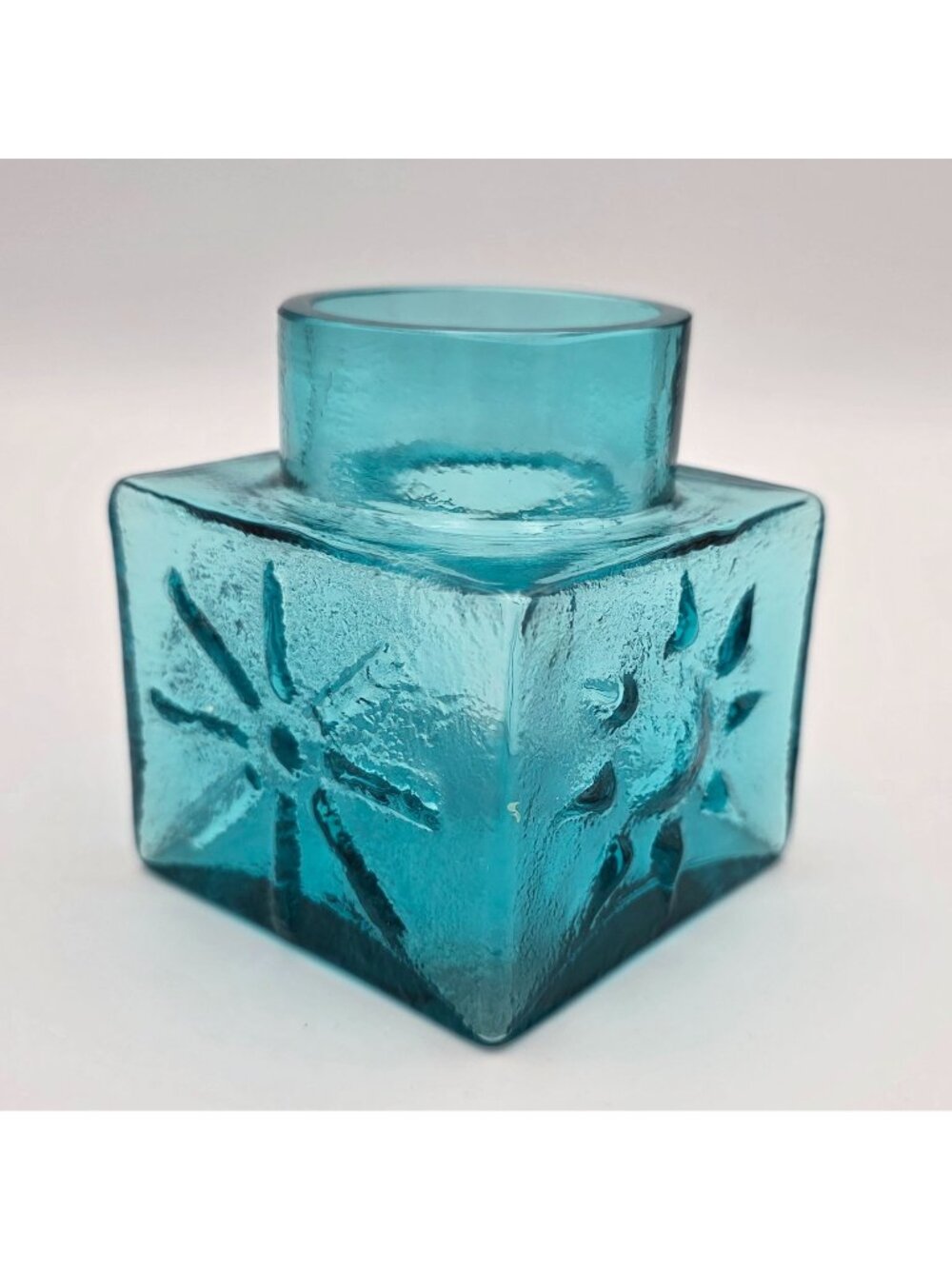 MCM Dartington Blue Glass Cube Vase Embossed Sunburst Design Textured Finish
